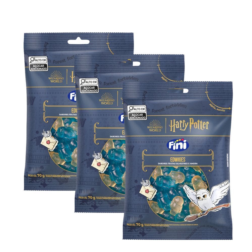 Kit 3 Balas de Gelatina Fini Harry Potter Edwiges Sabor Frutas Silvestres e Amora 70g