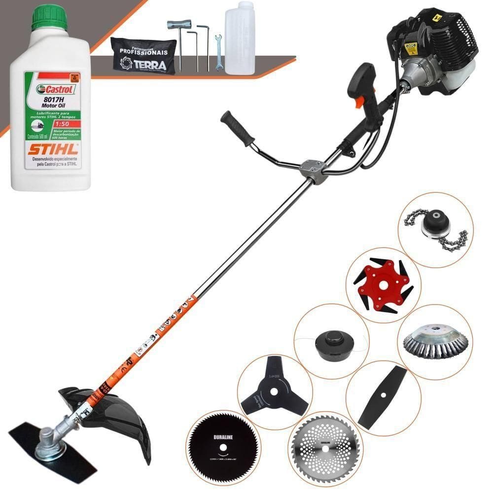 Roçadeira Terra Grh520 À Gasolina 52cc 2,5hp + Faca 3 Pontas + Faca 40 Dentes + Faca 80 Dentes + Faca 6 Pontas + Escova