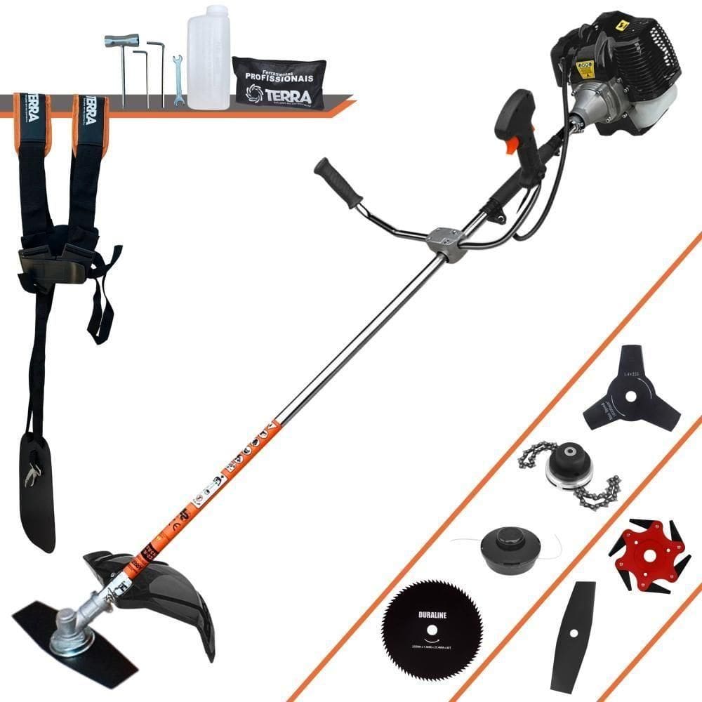 Roçadeira Profissional Lateral Terra Grh520 À Gasolina 52cc 2t 2,5hp + Faca 3 Pontas 255mm + Faca 80 Dentes 255mm + Tri