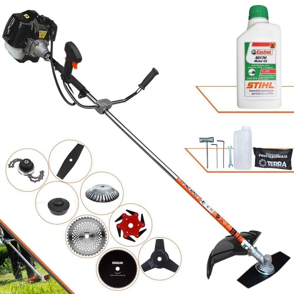 Roçadeira Terra Grh520 À Gasolina 52cc 2,5hp + Faca 3 Pontas + Faca 40 Dentes + Faca 80 Dentes + Faca 6 Pontas + Escova