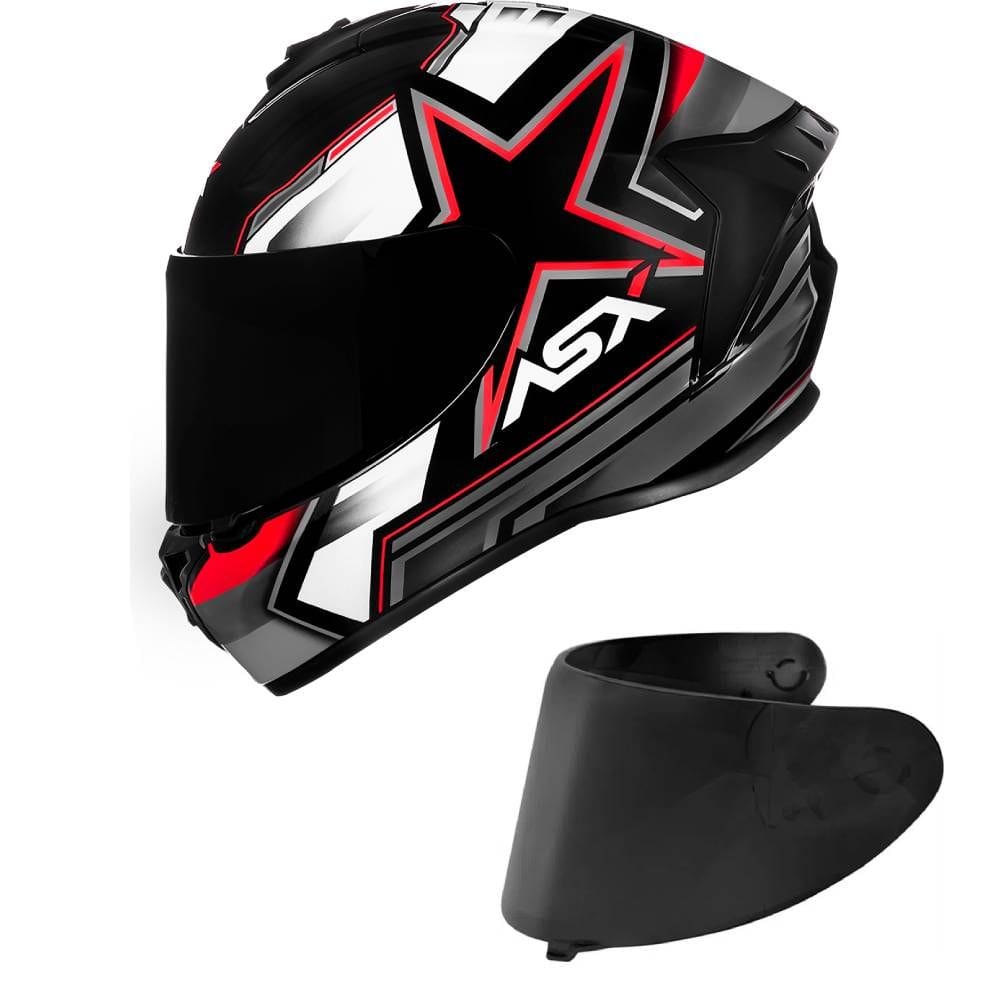 Capacete ASX Draken Pilot Preto Cinza e Vermelho Fosco Mais Viseira Fumê