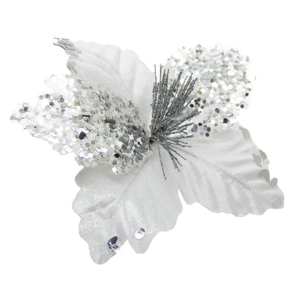 Kit 4 Flor De Natal Prata Artificial Com Brilho 19cm