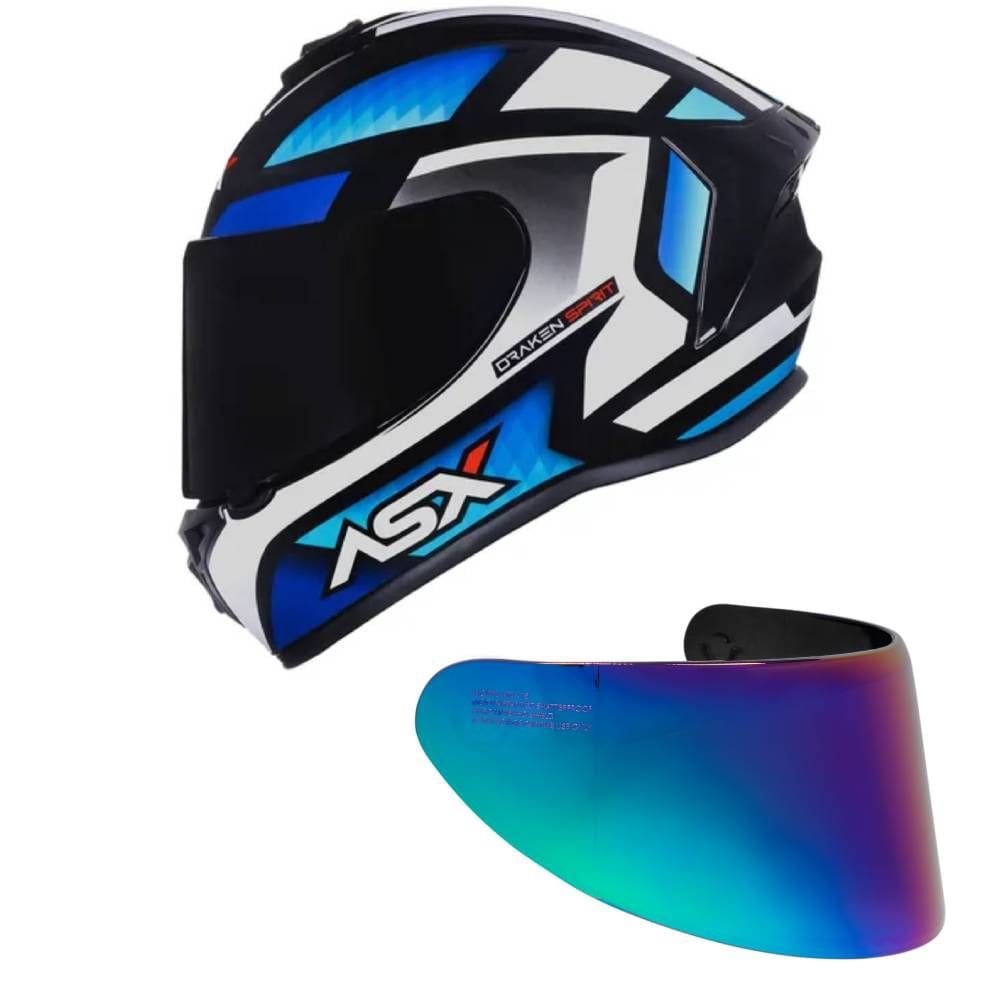Capacete ASX Draken Spirit Preto Azul e Branco Mais Viseira Camaleão