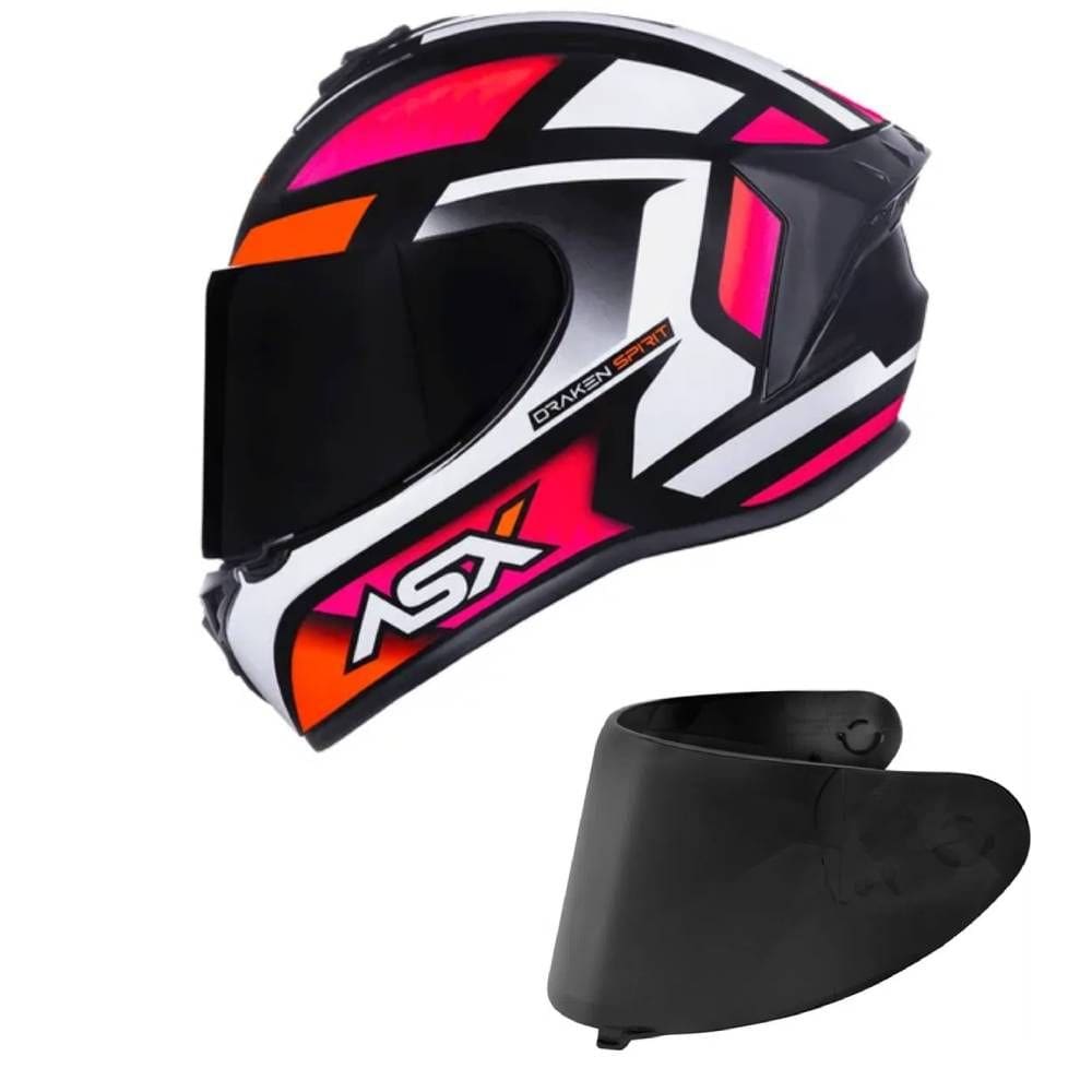 Capacete ASX Draken Spirit Preto Rosa e Branco Mais Viseira Fumê
