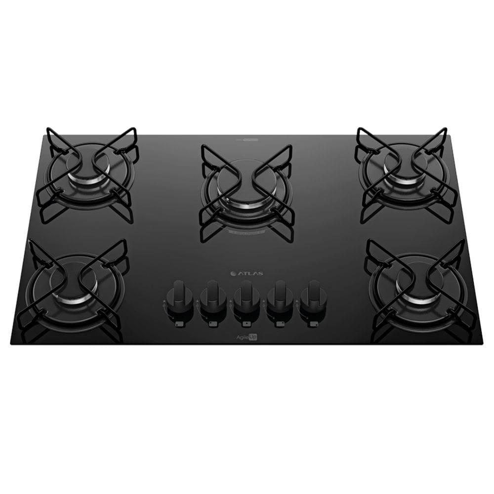 Cooktop 5 Bocas a Gás Atlas Agile Up com Mesa de Vidro e Queimador Mega Chama Preto Bivolt