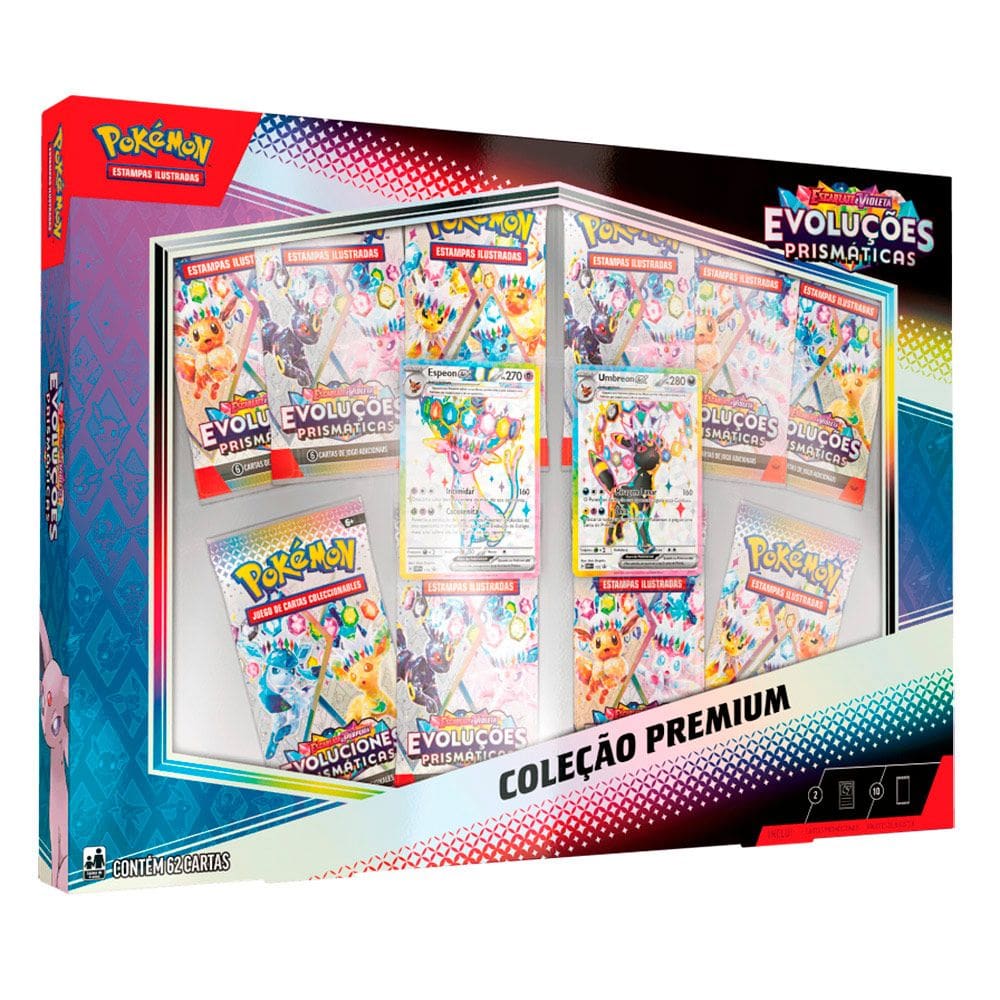 Box Pokémon Coleção Premium Escarlate e Violeta EV8.5 Evoluções Prismáticas 62 Cartas 10030 35260 - Copag