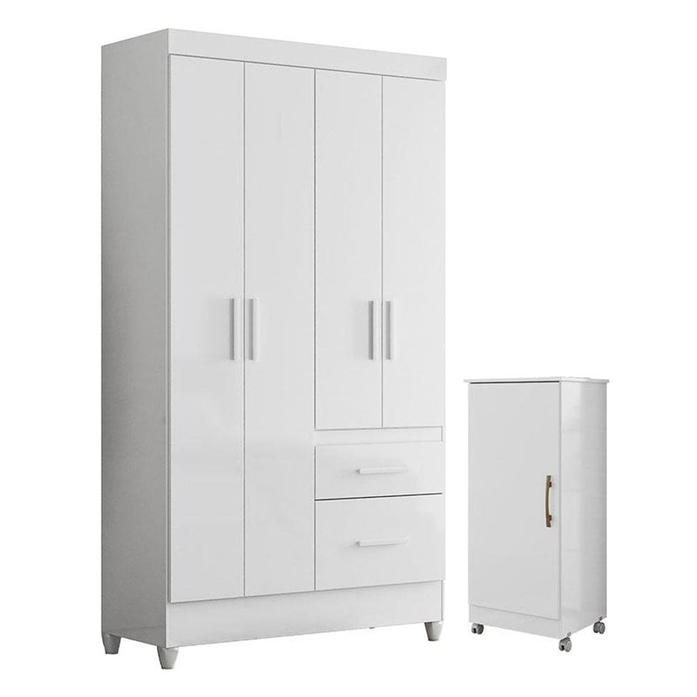Guarda Roupa Solteiro Madri e Armário Multiuso Lírio Branco Brilho - Moval