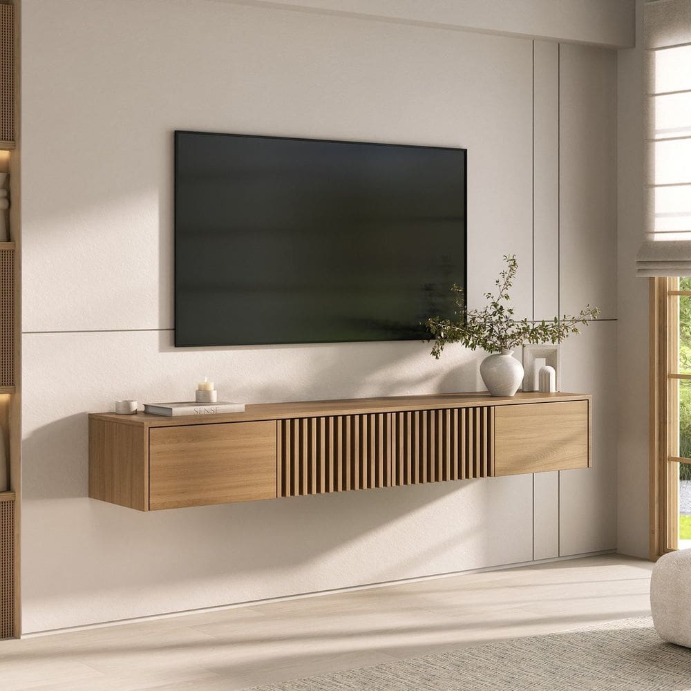 Rack Suspenso para Tv até 75 Polegadas Portas Ripadas 180cm Aruá Cabecasa Madeiraoriginals Jatoba