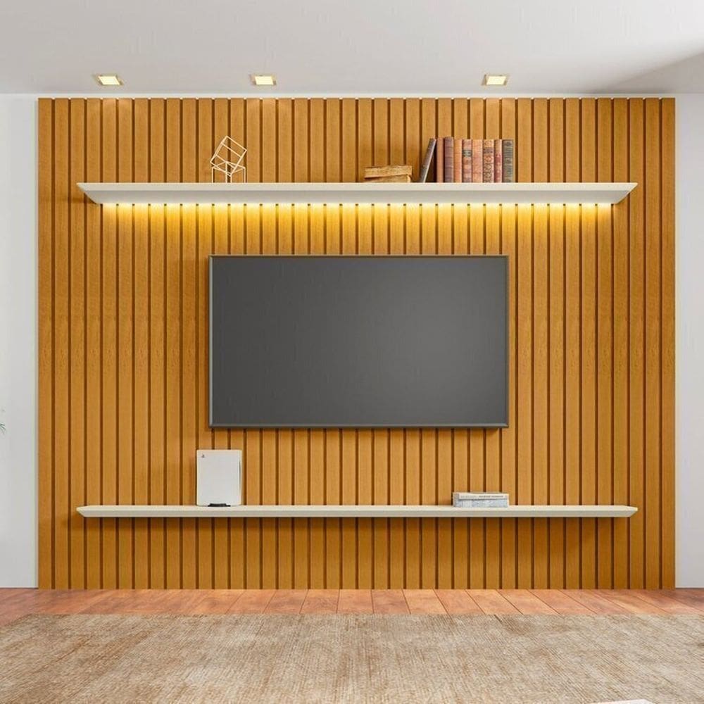 Painel Ripado para Tv 75 Polegadas  em MDF com 2 Prateleiras 1 com Led Roma Cinamomo / Off White