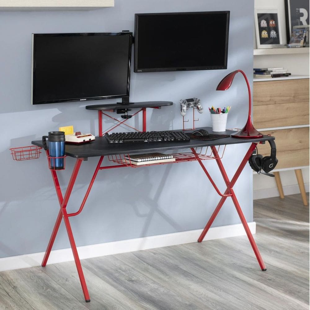 Mesa Gamer Com Mesa De Apoio Preta E Vermelha 120x62x95