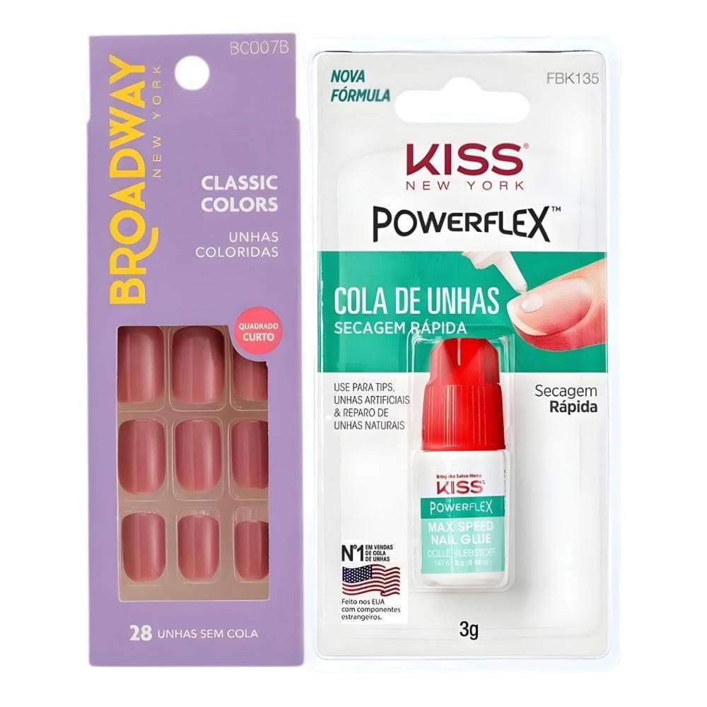 Kit Kiss New York: Unhas Postiças Quadrado Curto Smoothie e Cola De Unhas 3g