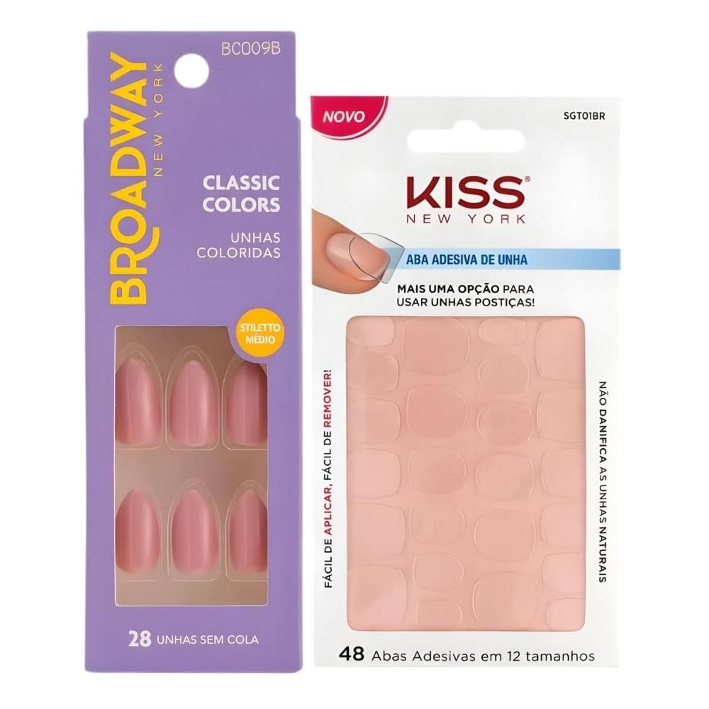 Kit Kiss New York: Unhas Postiças Stiletto Médio Forest e Abas Adesivas De Unhas