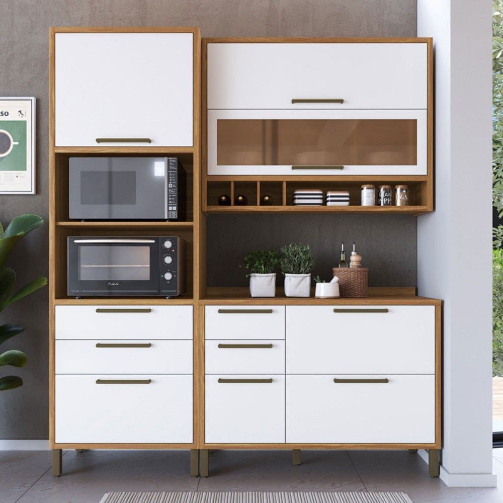 Armário de Cozinha com Balcão e Tampo 6 Portas 5 Gavetas Pérola 100% Mdf Vidro Reflecta Amêndoa/Branco - Pnr Móveis