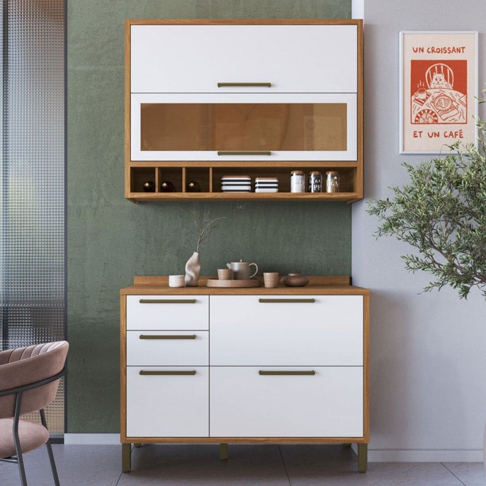 Armário de Cozinha Modulada com Balcão e Tampo 4 Portas 3 Gavetas ágata 100% Mdf Vidro Reflecta Amêndoa/Branco - Pnr Móveis