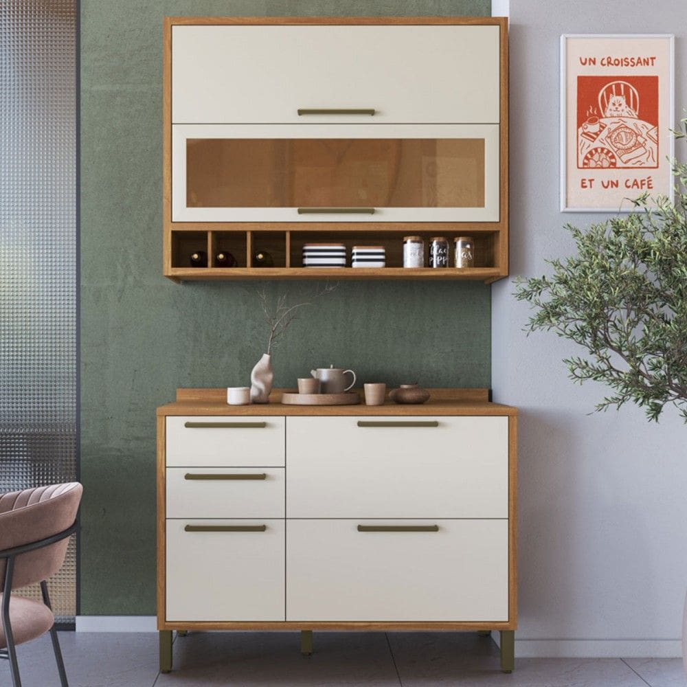 Armário de Cozinha com Balcão e Tampo 4 Portas 3 Gavetas Pérola 100% Mdf Vidro Reflecta Amêndoa/Off White - Pnr Móveis