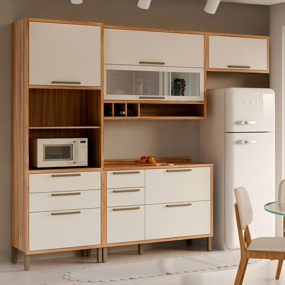 Armário de Cozinha com Balcão e Tampo 7 Portas 5 Gavetas Pérola 100% Mdf Vidro Reflecta Amêndoa/Branco - Pnr Móveis