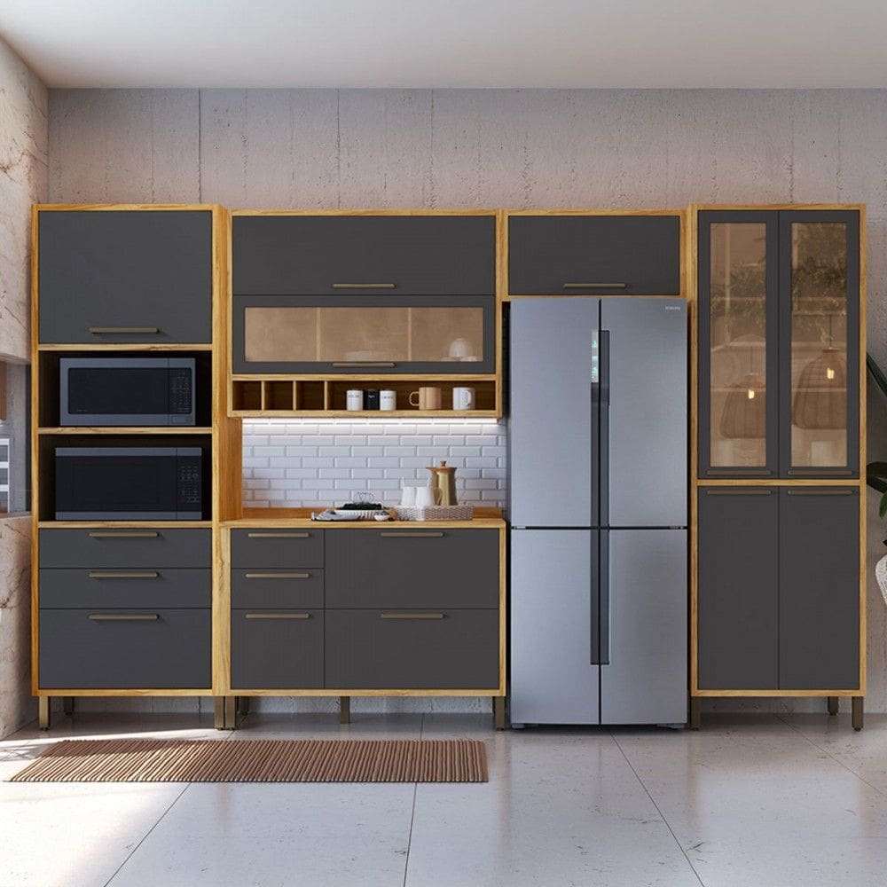 Armário de Cozinha com Balcão e Tampo 11 Portas 5 Gavetas Pérola 100% Mdf Vidro Reflecta Amêndoa/Cinza - Pnr Móveis