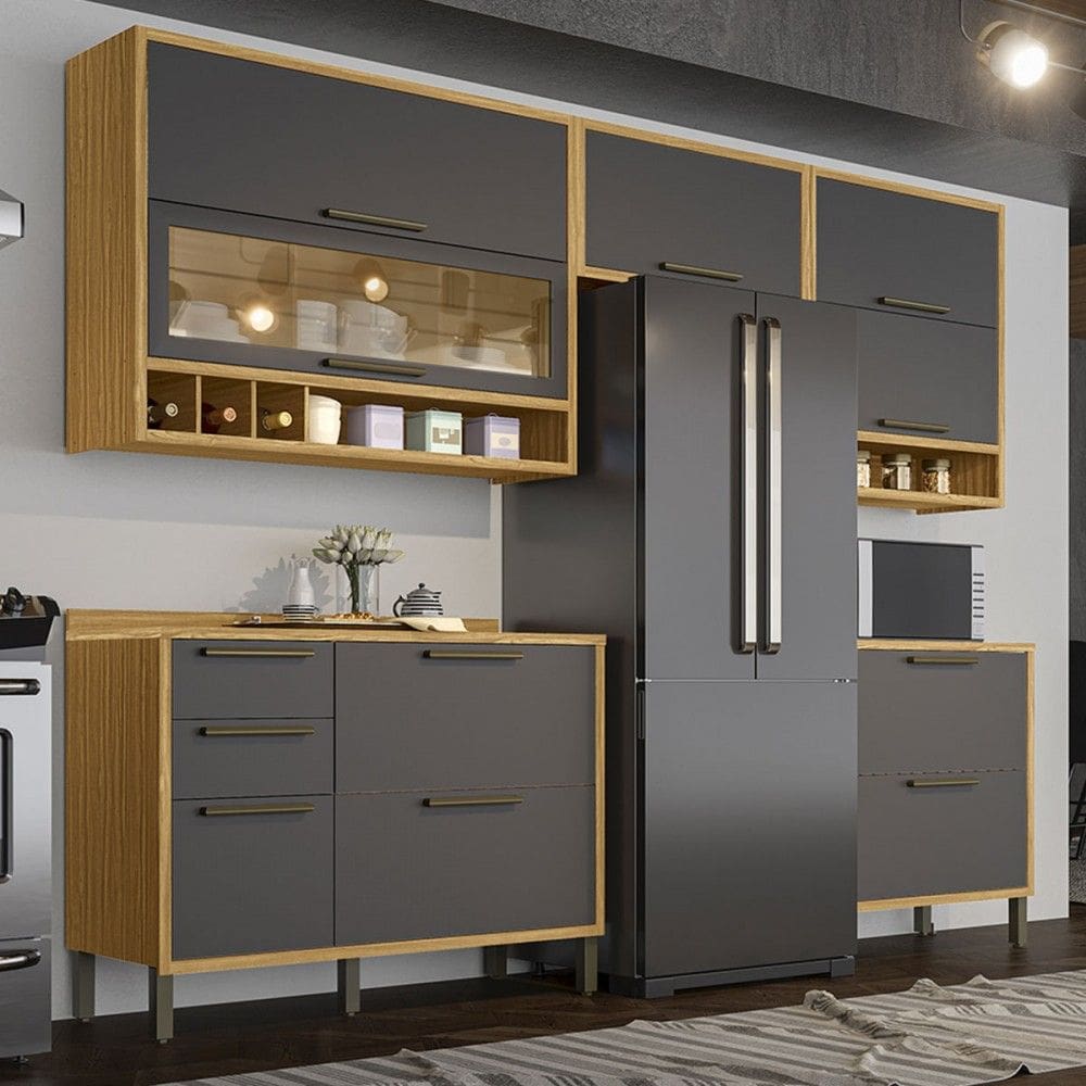 Armário de Cozinha com Balcão e Tampo 8 Portas 4 Gavetas Pérola 100% Mdf Vidro Reflecta Amêndoa/Cinza - Pnr Móveis