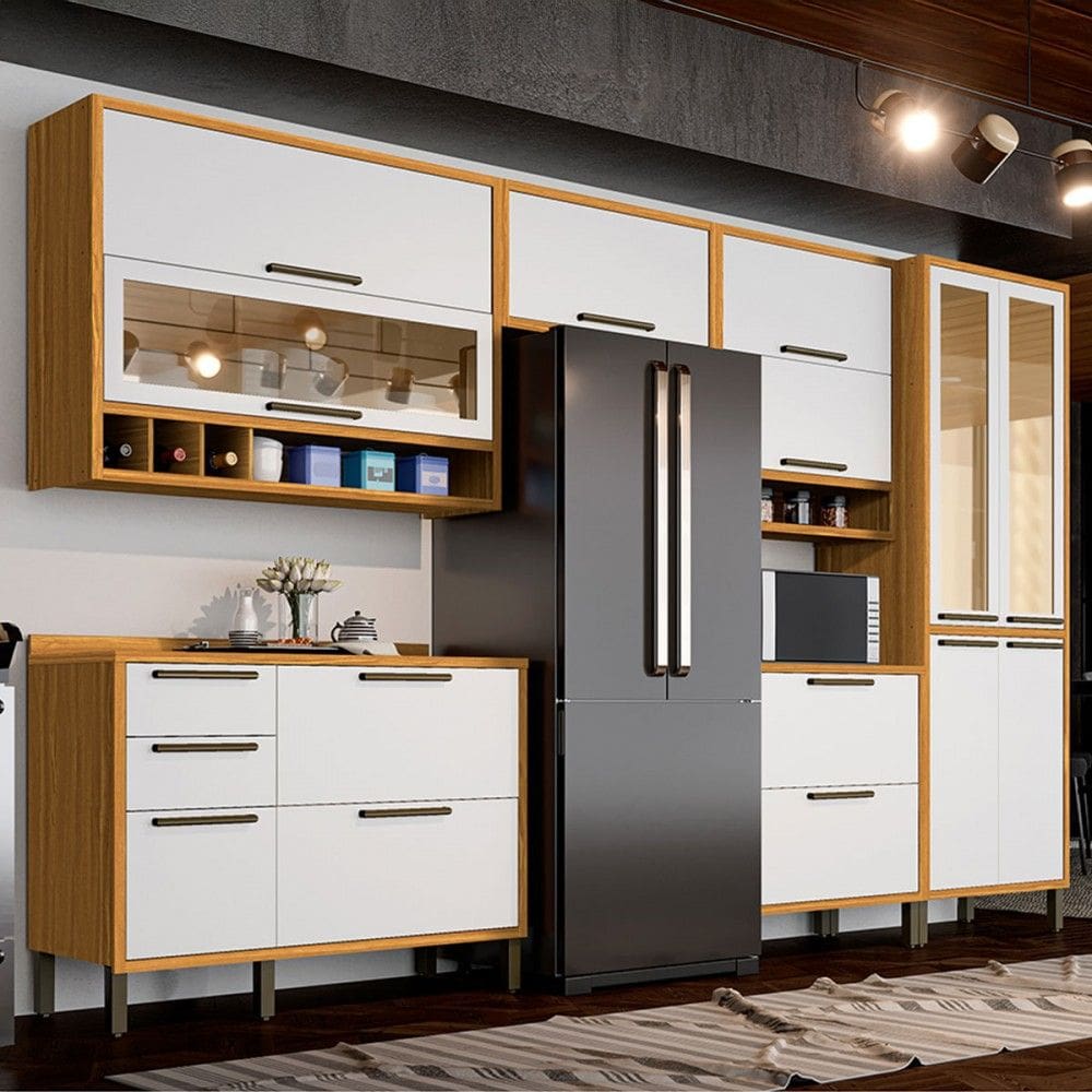 Armário de Cozinha com Balcão e Tampo 12 Portas 4 Gavetas Pérola 100% Mdf Vidro Reflecta Amêndoa/Branco - Pnr Móveis