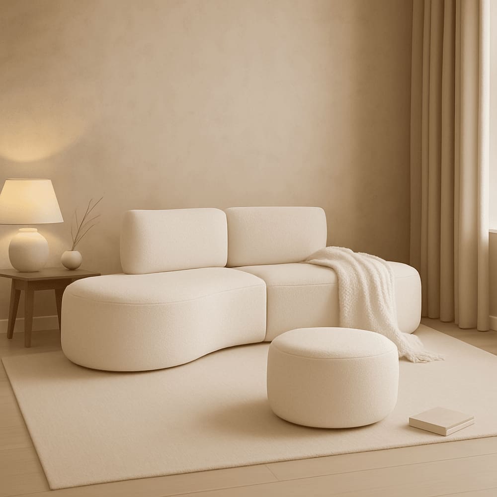 Sofá Orgânico e Puff Módulo Curvo Savana Boucle Bege  - Montanari`s Decor