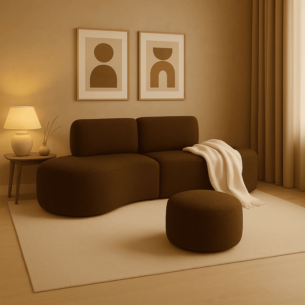 Sofá Orgânico e Puff Módulo Curvo Savana Boucle Marrom - Montanari`s Decor