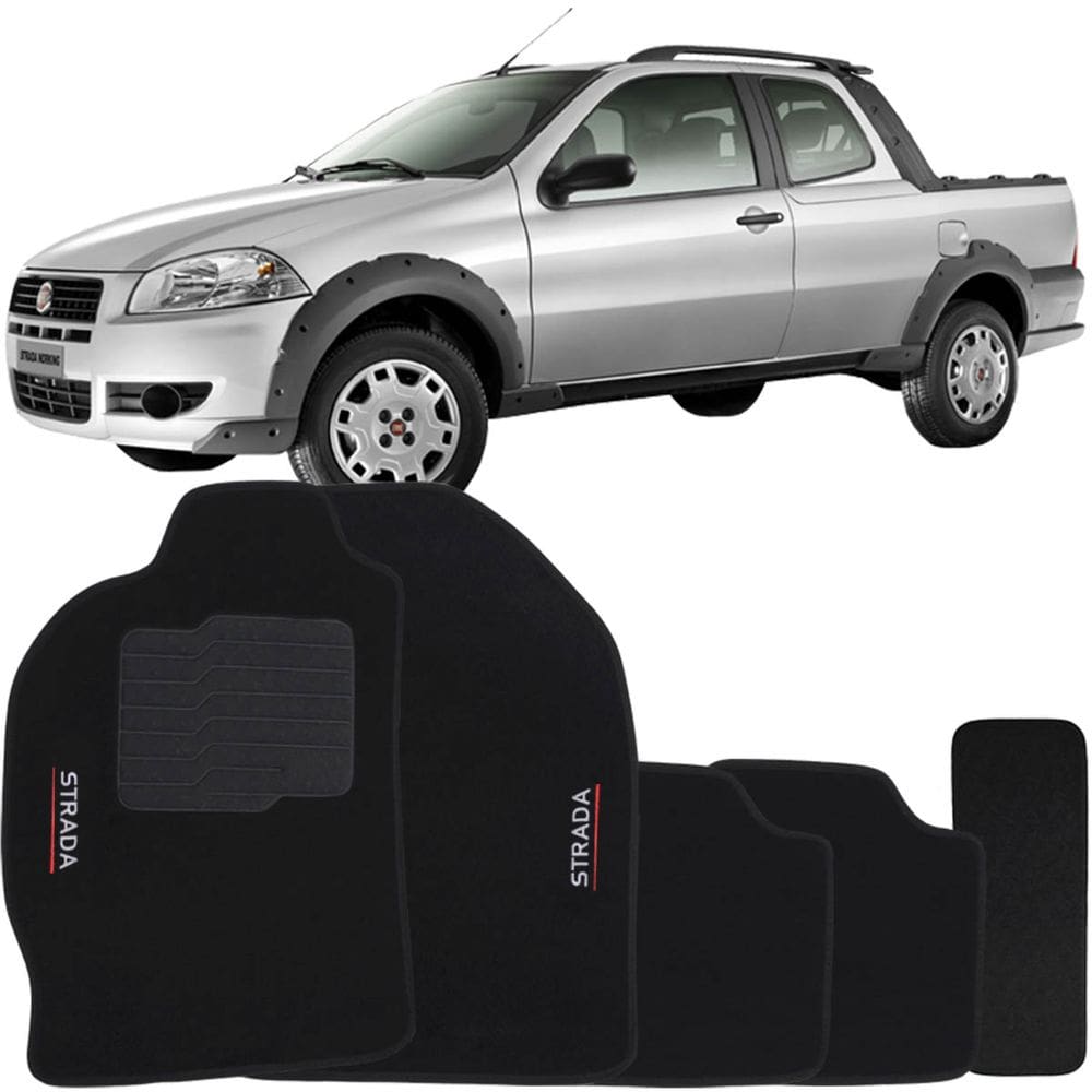 Jogo de Tapete Automotivo Carpete Fiat Strada Cabine Dupla 2007 à 2012 Soft Logo Bordado Preto