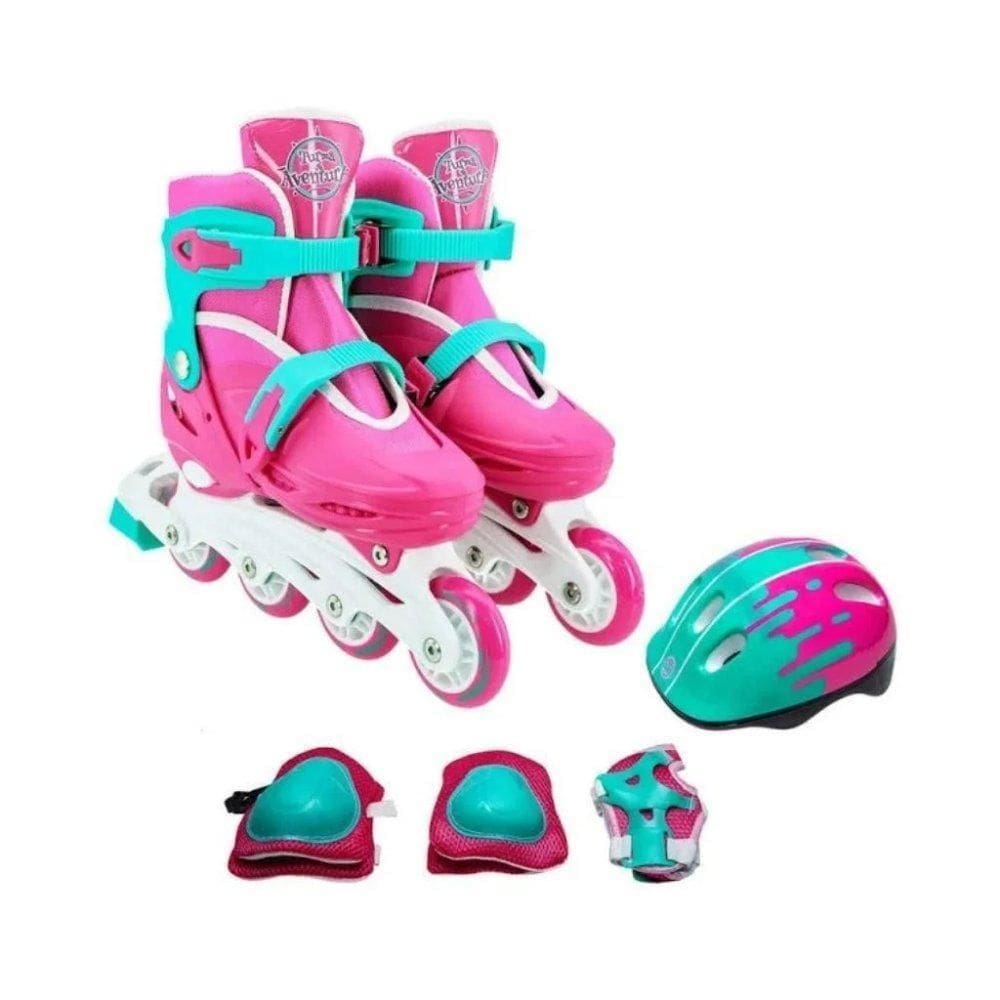 Patins Infantil Com Kit De Proteção Rosa