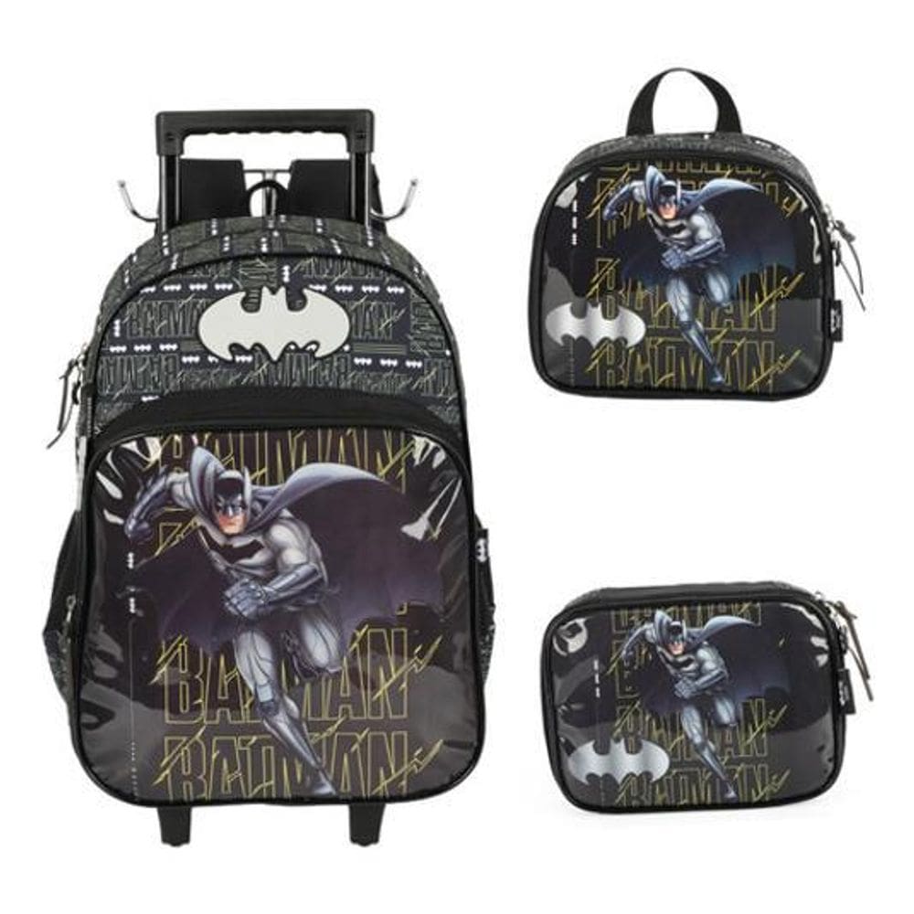 Kit Mochila Carrinho Com Alça Lancheira E Estojo Batman