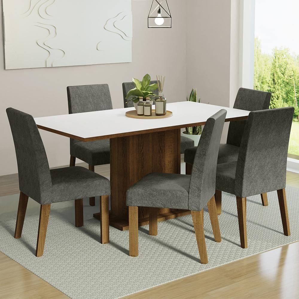 Conjunto Sala De Jantar Mesa Tampo De Madeira 6 Cadeiras Rustic-branco-silver Renata Madesa Rustic-branco-silver