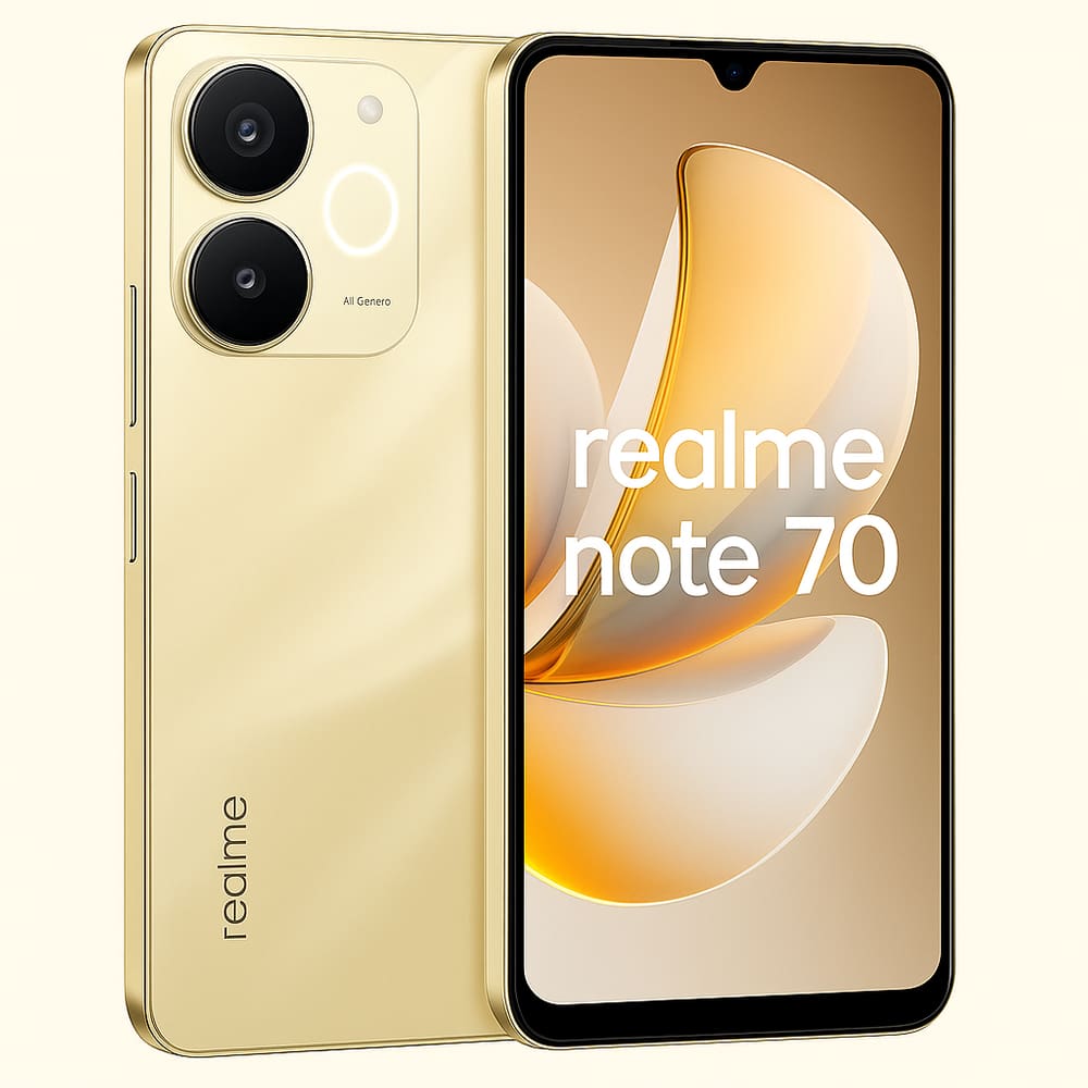 Smartphone Realme Note 70, Dourado, 128GB, 4GB RAM, Tela 6,74”, 90Hz, Câmera 13MP, Bateria 6300mAh, Dual Chip 4G, Android 15
