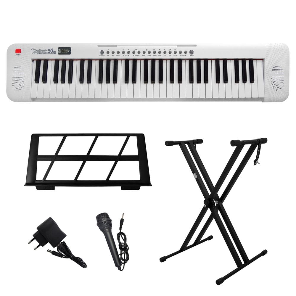 Kit Teclado Musical Portátil 61 Teclas Rhythmic50WH Branco com Suporte em X