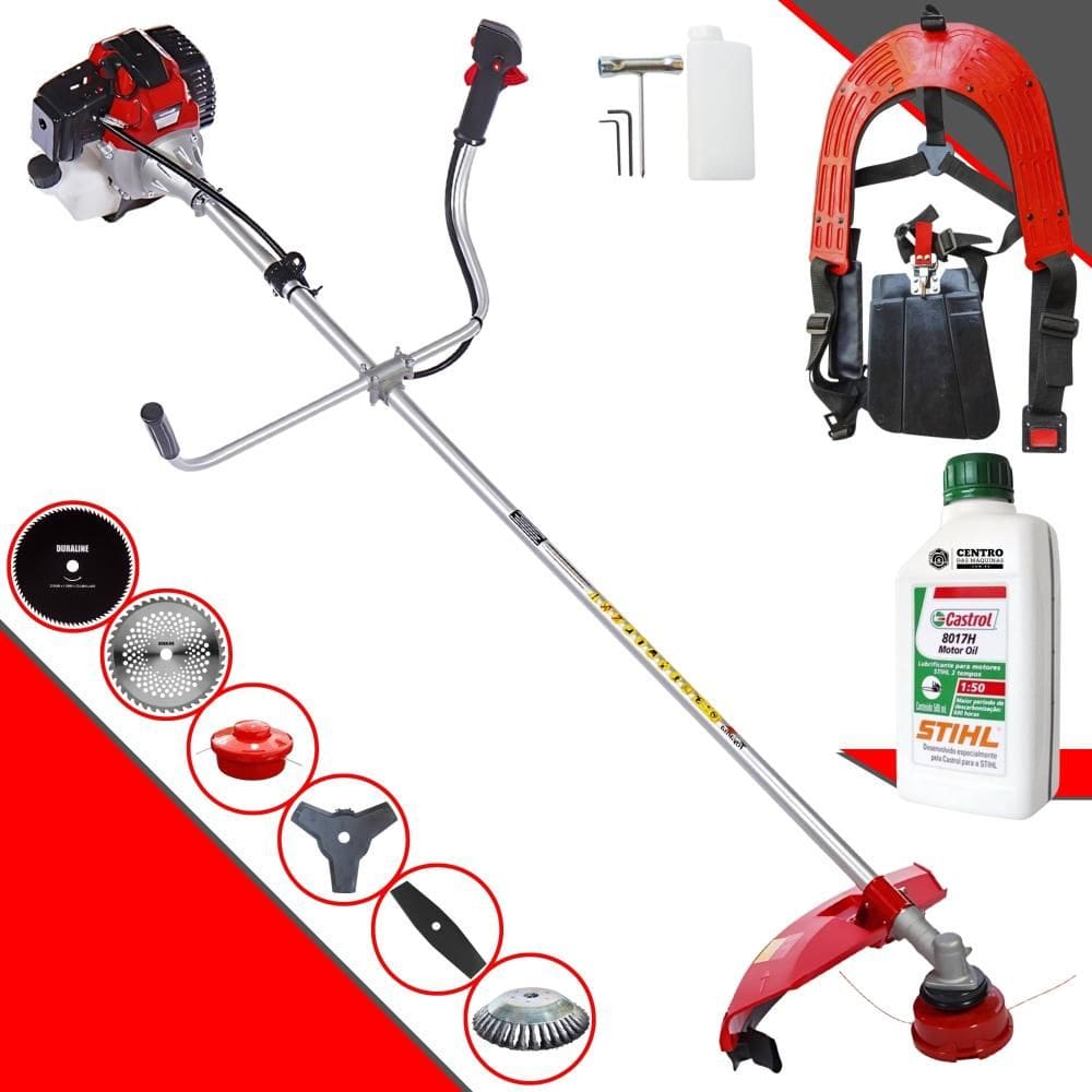 Roçadeira Lateral Toyama RT43-L 43cc Com Lâmina Facão, Lâmina 3 Pontas, Lâmina 40 Dentes de Vídea, Lâmina 80 Dentes + Escova de Aço + ÓLEO STIHL 2T