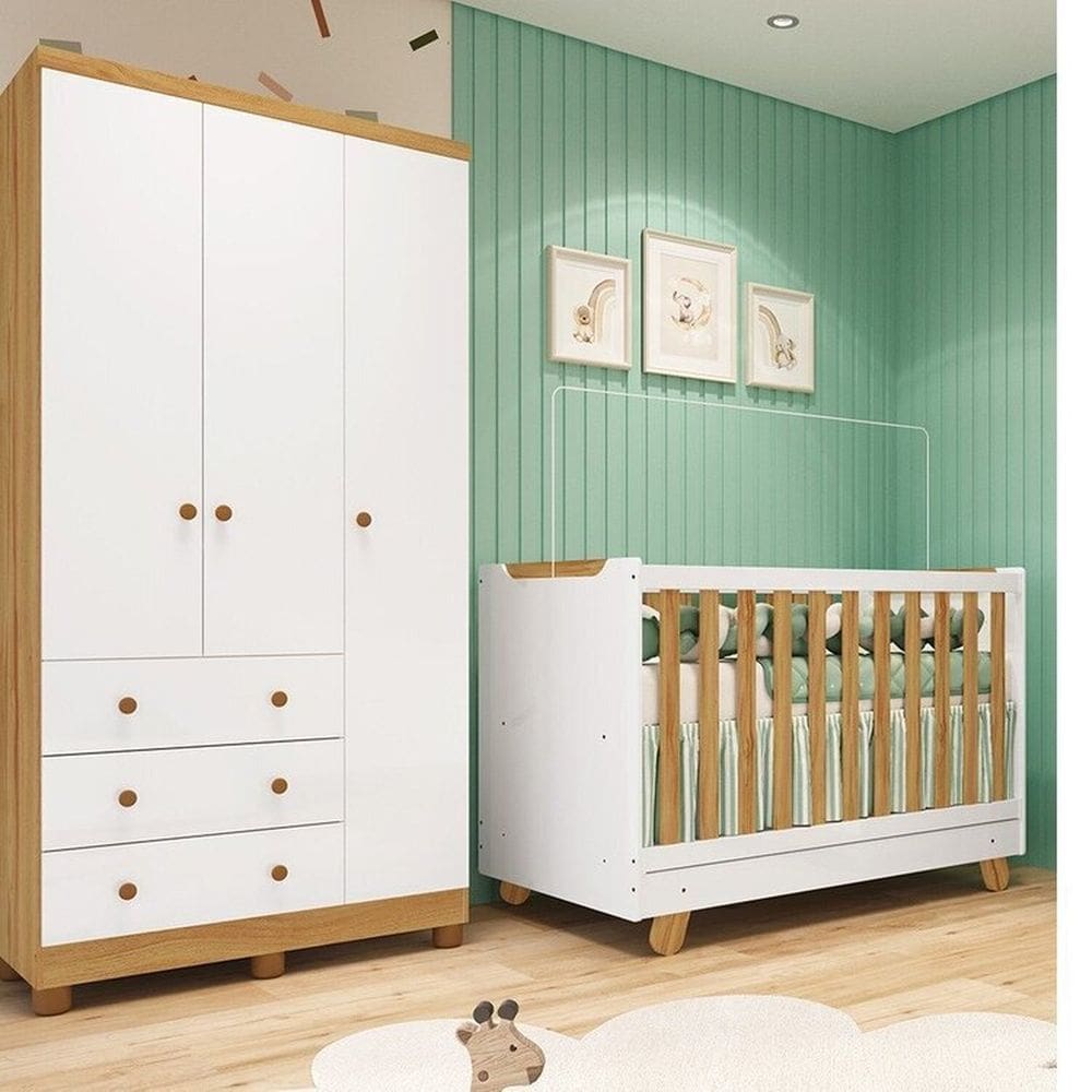 Quarto de Bebê com Guarda-roupa 3 Portas e Berço 4 em 1 Minicama 100% Mdf Mike Espresso Móveis Branco Brilho/Amêndoa
