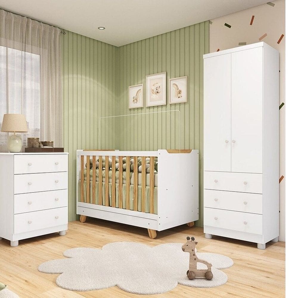Quarto de Bebê com Guarda-roupa 2 Portas Cômoda e Berço 4em1 Minicama 100% Mdf Mike Espresso Móveis Branco Brilho/Amêndoa