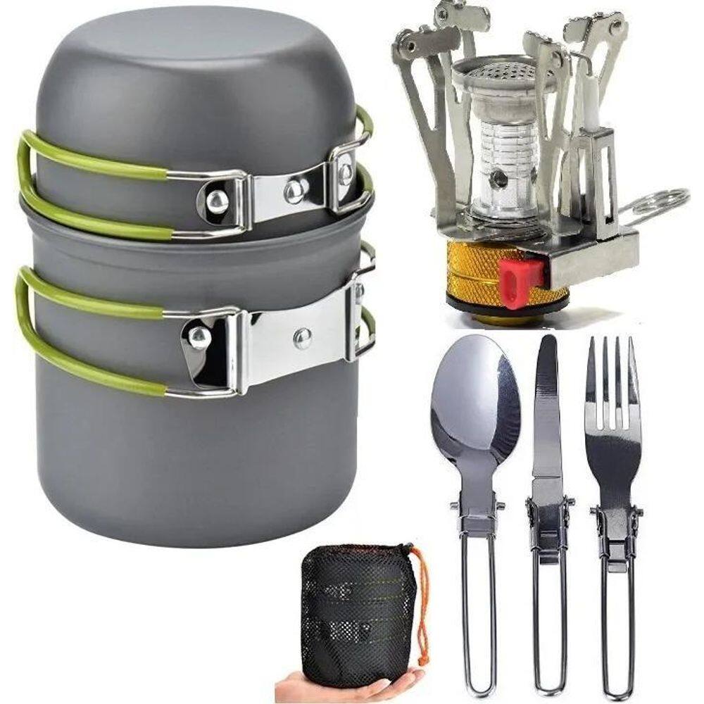 2X Mini Fogareiro + Conjunto Panela Camping 2 Peças+ Talhere