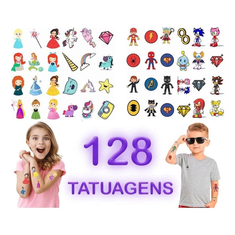 2X Kit 128 Tatuagem Temporaria Infantil Tema Meninos E Menin