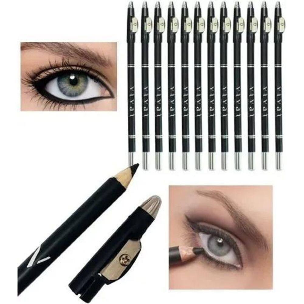 3X Kit 24 Lápis Preto Olhos Delineador Com Apontador