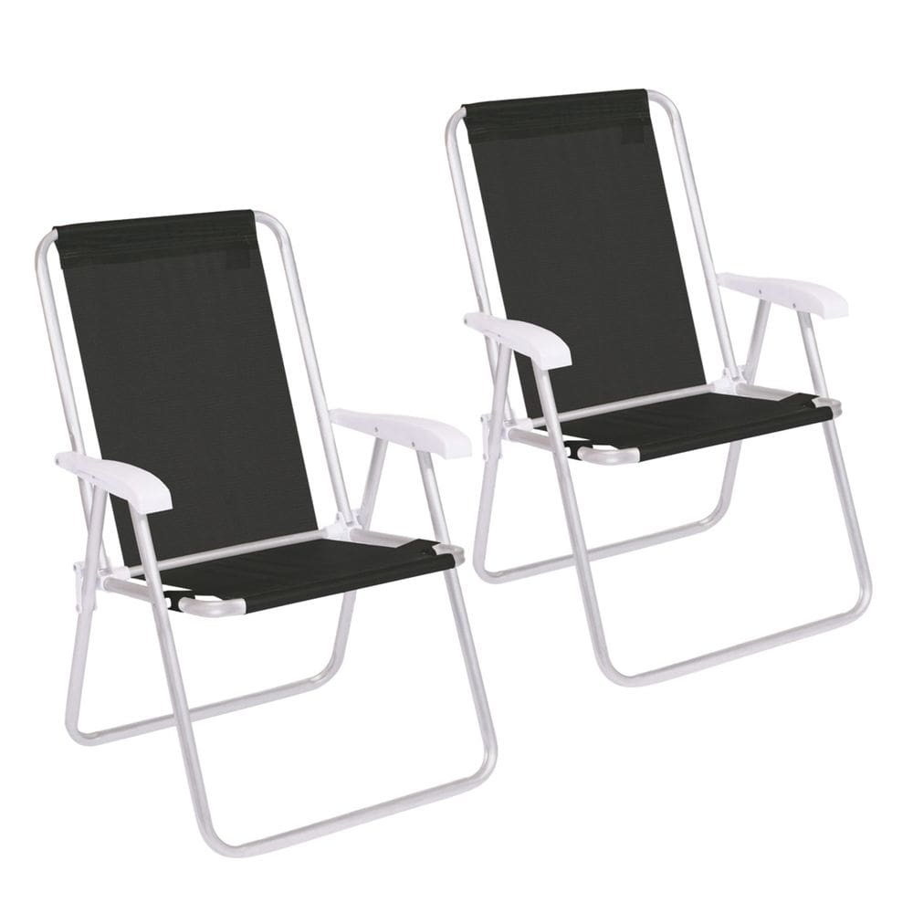 Kit 2 Cadeira Conforto Encosto Alto Alumínio Sannet Praia Piscina Preta - 2181 Mor