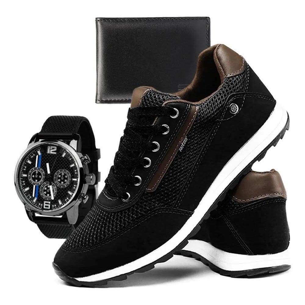 2X Kit Tenis Masculino Sapatenis Confortavel Carteira + Relo