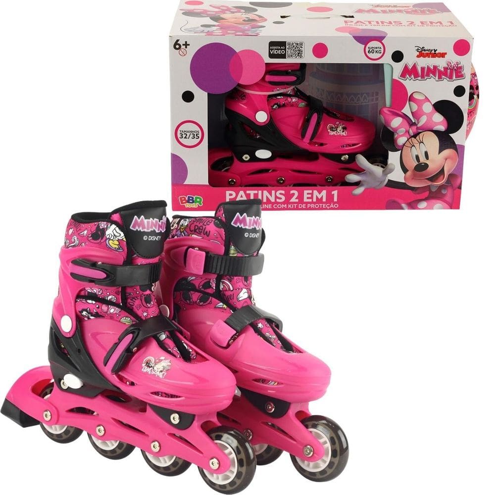 Patins Infantil Minnie Disney 4 Rodas Com Kit Proteção 32-35