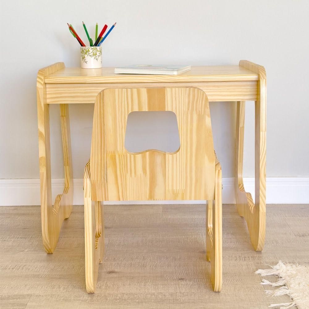 Mesa Com Cadeira Infantil Encanto Em Madeira Natural