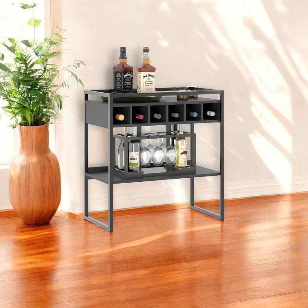 Aparador Adega Bar Preto Onix com Prateleira e Nichos para Vinhos - Pleno