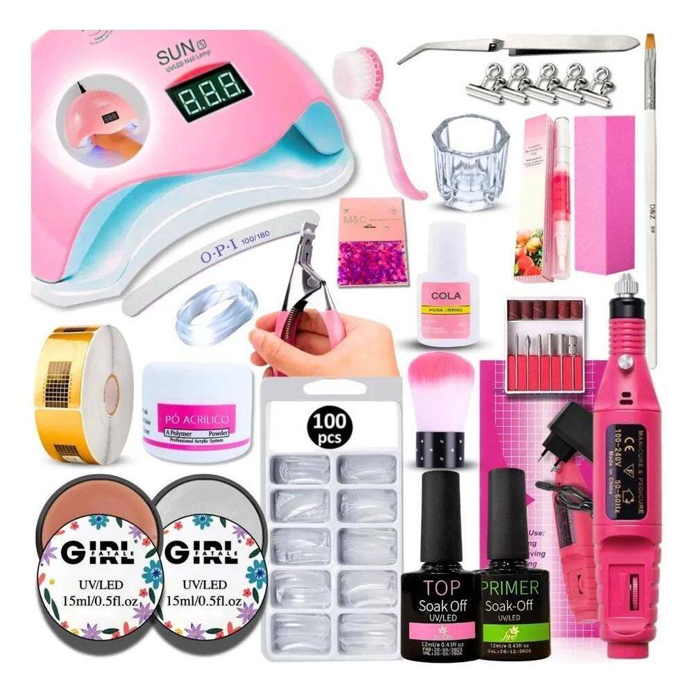 Kit Unhas Gel Uv Acrigel Lixa Elétrica Cabine Sun 48W