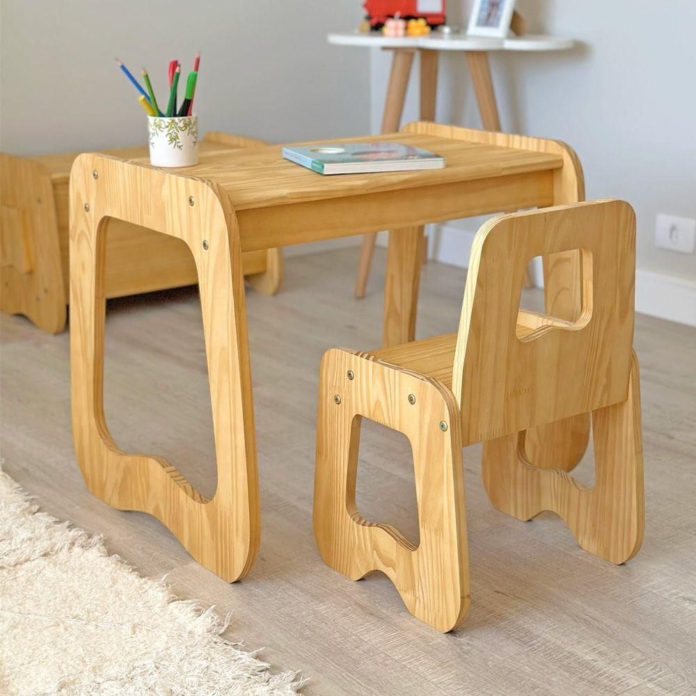 Mesa Com Cadeira Infantil Encanto Em Madeira Mel
