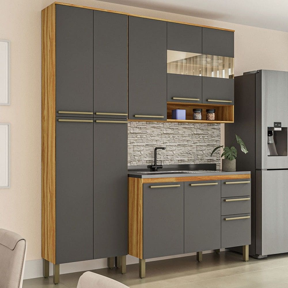 Armário de Cozinha Modulada com Balcão e Tampo 10 Portas 2 Gavetas Xangai 100% Mdf com Vidro Reflecta Amêndoa/Cinza - Pnr Móveis