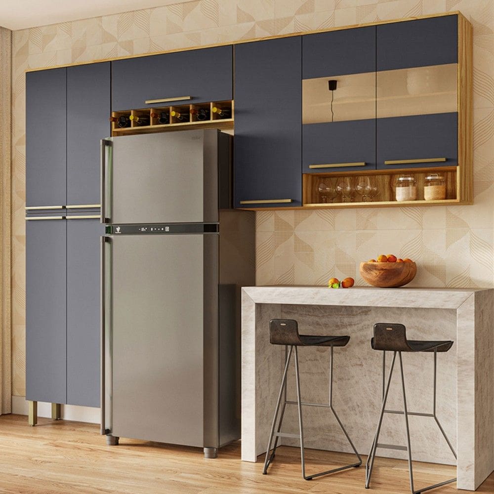 Armário de Cozinha Modulada 8 Portas Xangai 100% Mdf com Vidro Reflecta Amêndoa/Cinza - Pnr Móveis