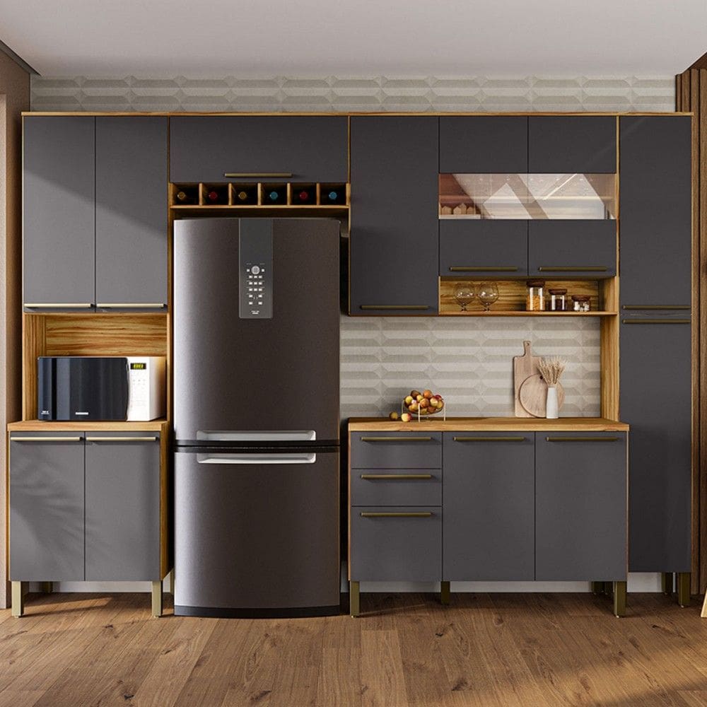 Armário de Cozinha com Balcão e Tampo 13 Portas 2 Gavetas Xangai 100% Mdf Vidro Reflecta Amêndoa/Cinza - Pnr Móveis