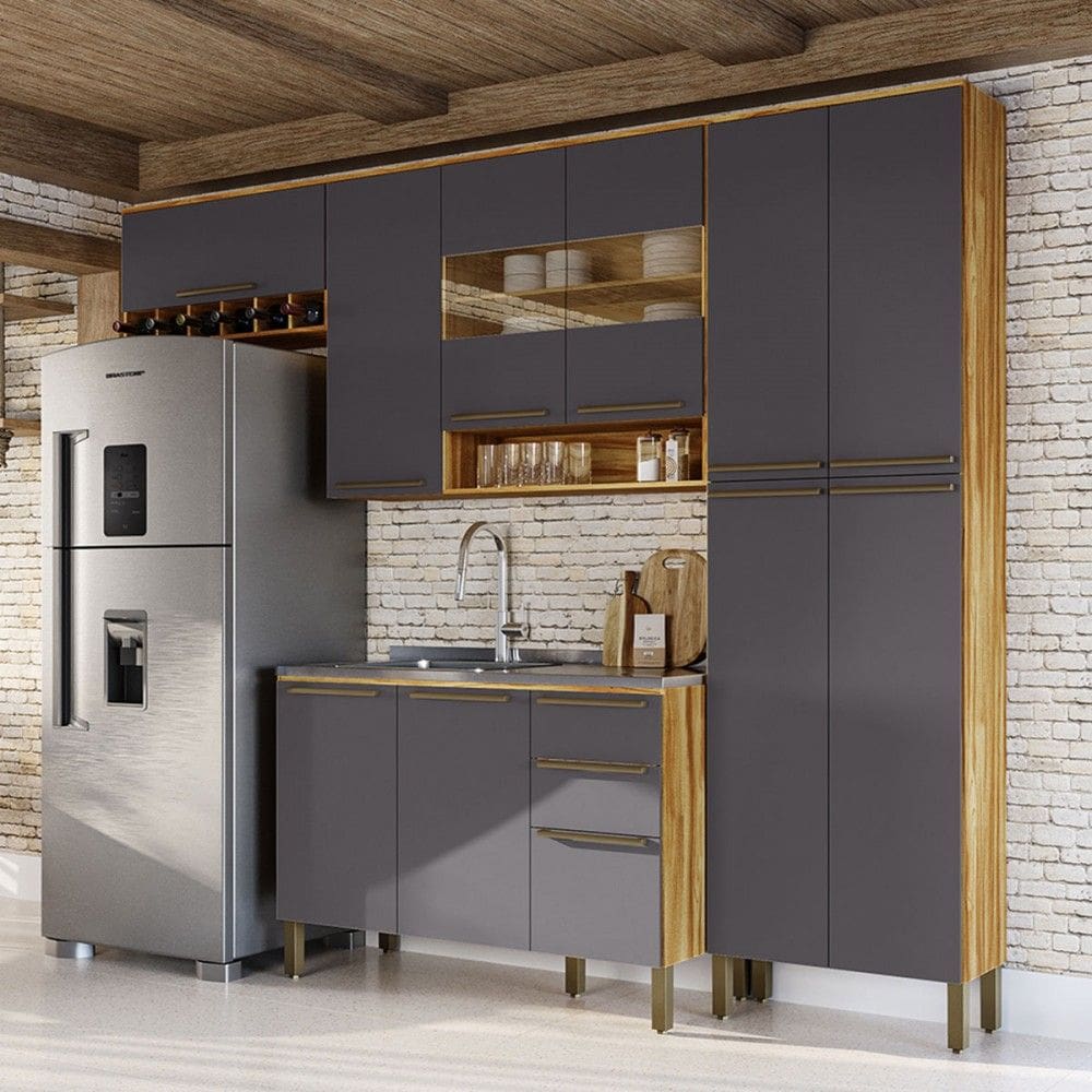 Armário de Cozinha Modulada com Balcão e Tampo 11 Portas 2 Gavetas Xangai 100% Mdf com Vidro Reflecta Amêndoa/Cinza -Pnr Móveis