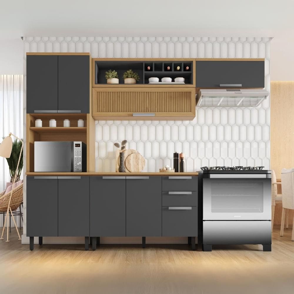Armário de Cozinha Completa 4 peças 270cm New Porto Grafite Madeira Itatiaia