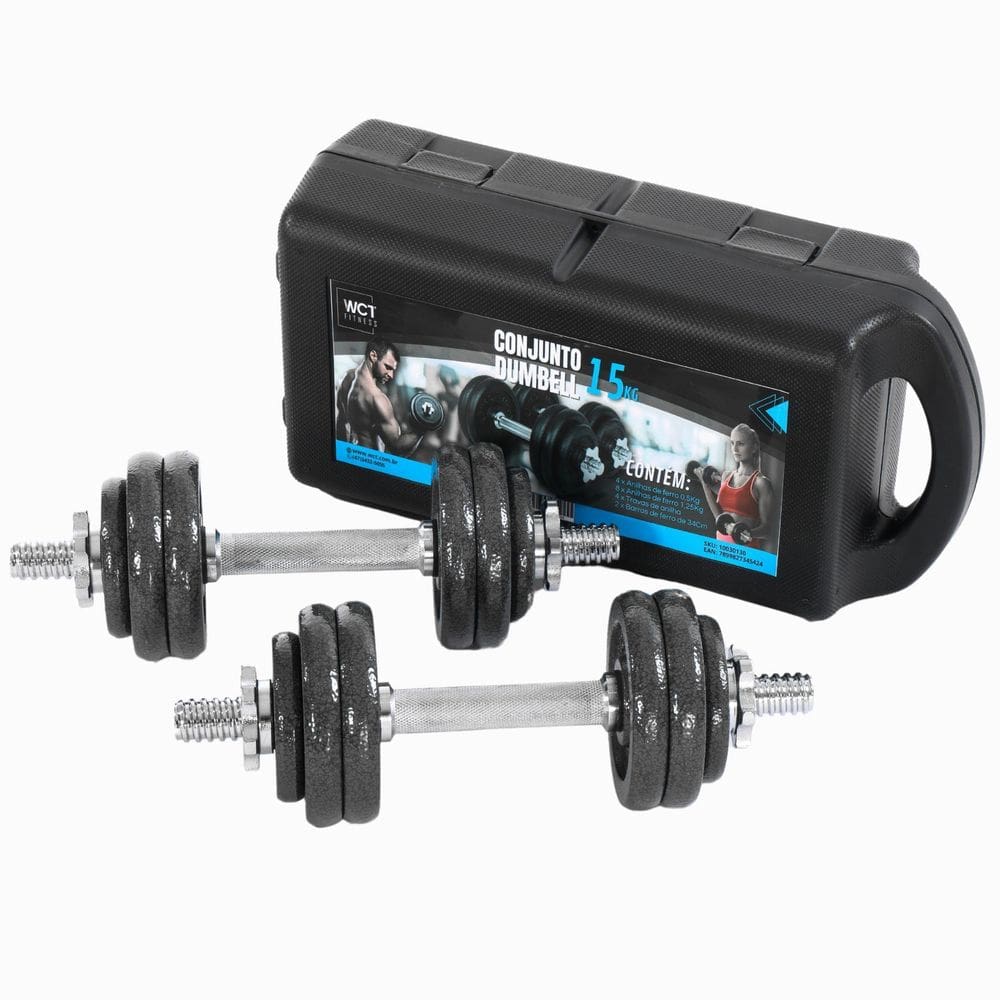 Kit Maleta Halteres Completa 15Kg Barra Anilha Dumbbell Wct
